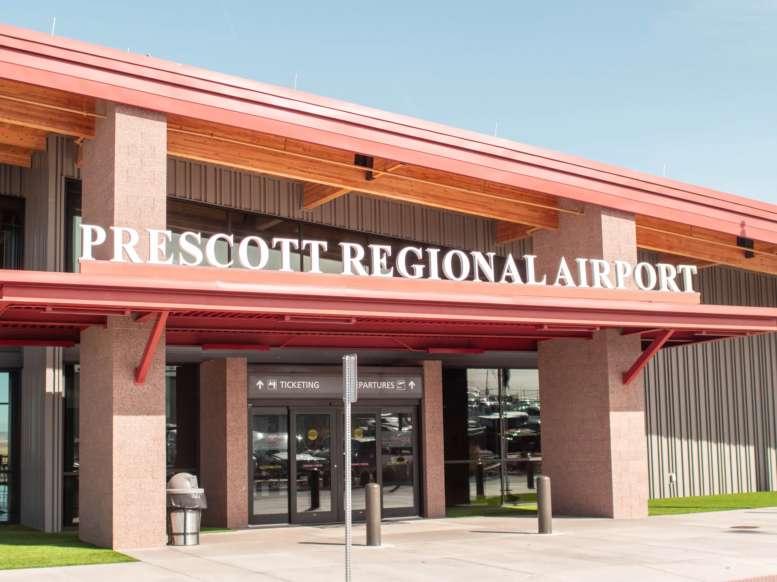 CMU civic construction Prescott AZ — Prescott Regional Airport terminal ground face Terra Cotta concrete masonry exterior